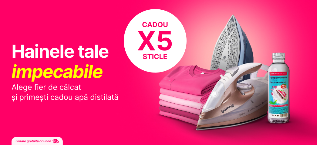 Alege un fier de călcat pentru hainele tale și primești cadou 5 sticle a câte 1L de apă distilată parfumată.
