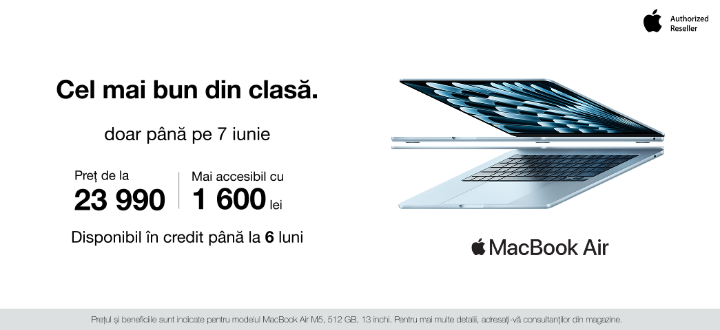 Macbook Air! disponibil de la 23 990 lei, cu reducere de până la 1 600 lei