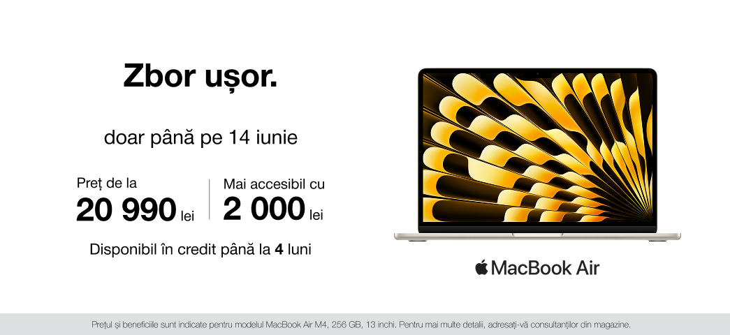 MacBook Air la preț special. Creativitate și portabilitate fără limite!