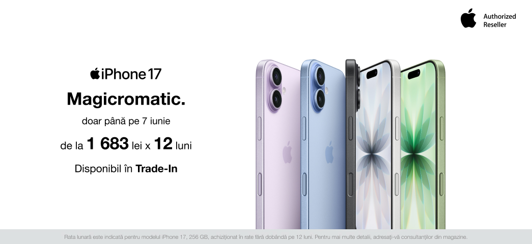 Comandă online iPhone 17 sau iPhone 17 Pro acum disponibile cu credit 0% pentru 12 luni.