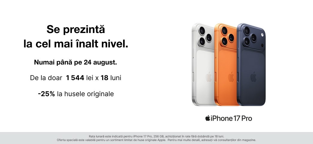 Comandă onlineiPhone 17 Pro acum disponibile cu credit 0% pentru 18 luni.