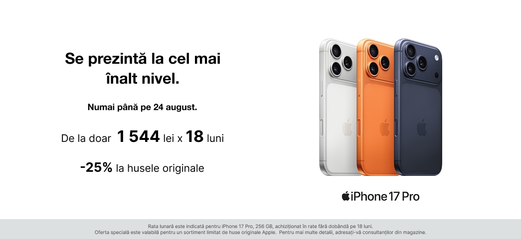 Comandă onlineiPhone 17 Pro acum disponibile cu credit 0% pentru 18 luni.