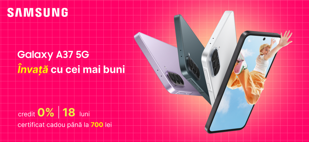 Galaxy A37! acum ai dublă ofertă: certificat cadou de până la 700 lei și credit 0% cu achitare în 18 luni.