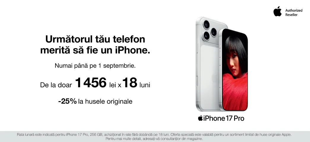 Comandă onlineiPhone 17 Pro acum disponibile cu credit 0% pentru 18 luni.
