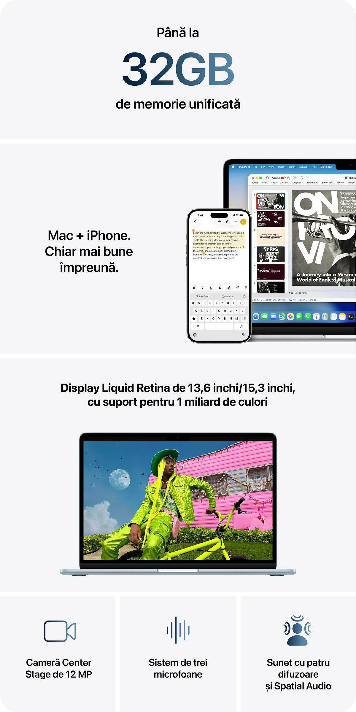 MacBook Air cu cipul M5 oferă o viteză fulgerătoare
și capabilități AI puternice,
&icirc;ntr-un design incredibil de portabil.
