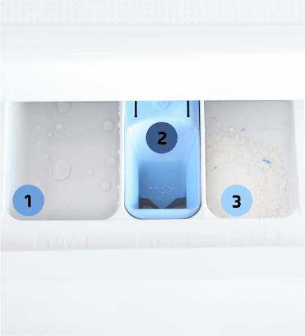 3 compartments in the washing machine compartments