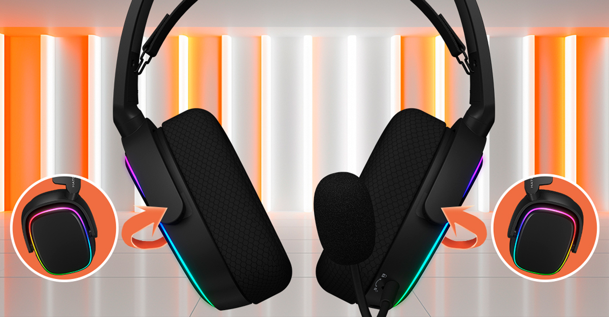 Construcție durabilă și adaptabilă cu cupe rotative pentru urechi.