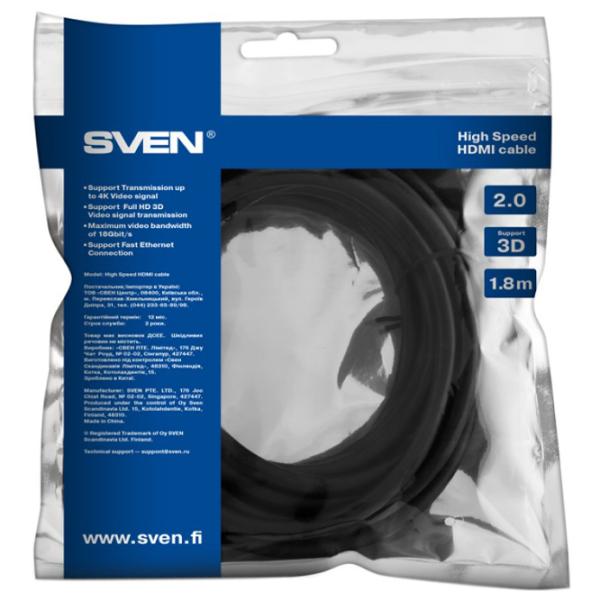 Кабель видео Sven HDMI + HDMI 1.8 м/ Черный photo 2 Кабель видео Sven HDMI + HDMI 1.8 м/ Черный photo 2