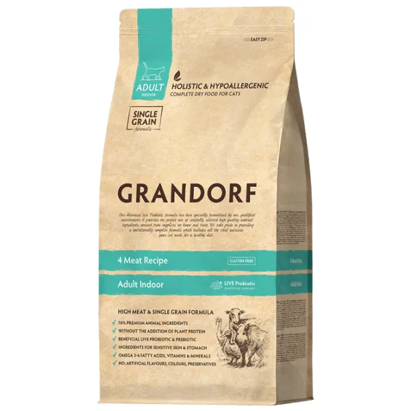 Корм для кошек Grandorf 4 Meat Indoor 5404009589040 0.4 кг/ Мясо photo 1 Корм для кошек Grandorf 4 Meat Indoor 5404009589040 0.4 кг/ Мясо photo 1