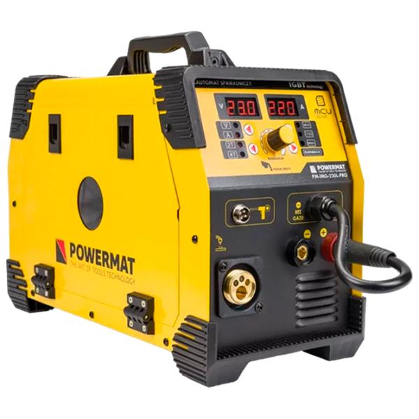 Aparat de sudat Powermat PM-IMG-220L-PRO 230 V semiautomat (MIG/ MAG), cu electrod (MMA), cu gaz inert (TIG)/ Yellow photo 1