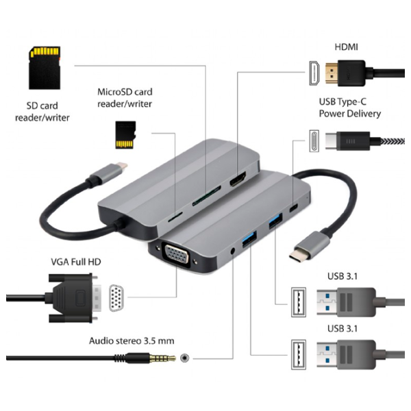 Адаптер Hub Cablexpert A-CM-COMBO8-02 USB Type-C/ Серебристый photo 3 Адаптер Hub Cablexpert A-CM-COMBO8-02 USB Type-C/ Серебристый photo 3