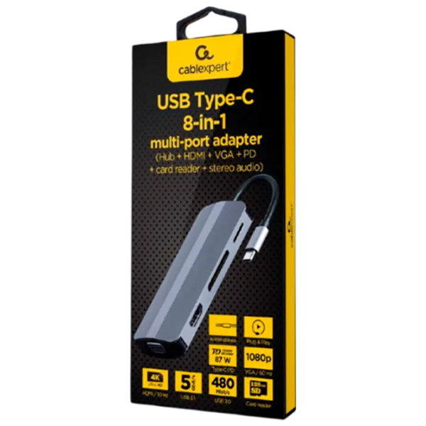 Адаптер Hub Cablexpert A-CM-COMBO8-02 USB Type-C/ Серебристый photo 4 Адаптер Hub Cablexpert A-CM-COMBO8-02 USB Type-C/ Серебристый photo 4