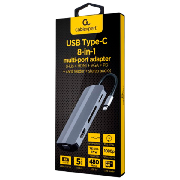 Адаптер Hub Cablexpert A-CM-COMBO8-02 USB Type-C/ Серебристый photo 4 Адаптер Hub Cablexpert A-CM-COMBO8-02 USB Type-C/ Серебристый photo 4