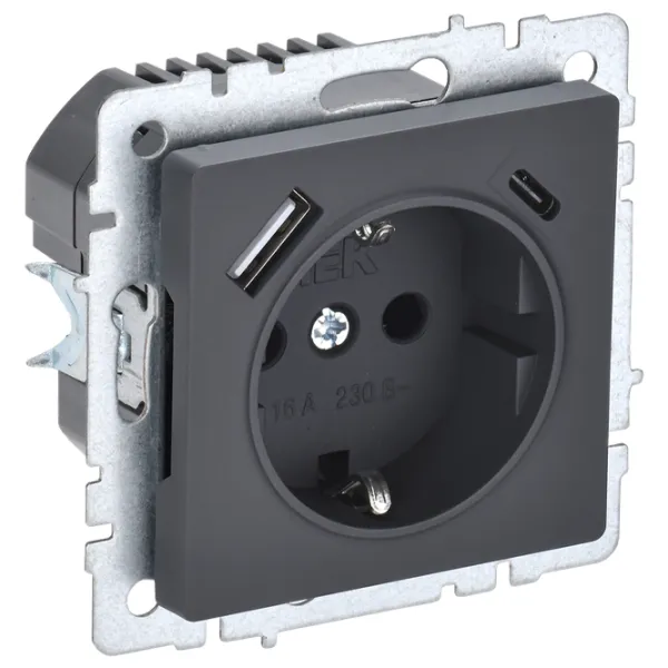Priză IEK BR-R14-16-U22-018-K53 230 V/ Type-F/ Graphite photo 1 Priză IEK BR-R14-16-U22-018-K53 230 V/ Type-F/ Graphite photo 1