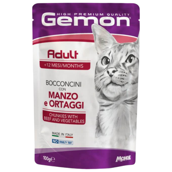Корм для кошек влажный Monge Gemon Cat Pouch M30091 0.1 кг / Говядина, овощи photo 1 Корм для кошек влажный Monge Gemon Cat Pouch M30091 0.1 кг / Говядина, овощи photo 1
