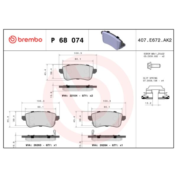 Тормозные колодки Brembo P 68 074 Задние photo 2