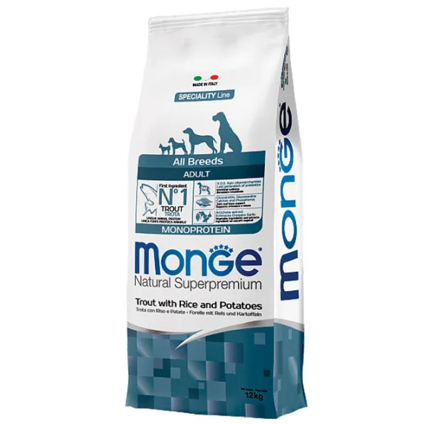Hrană pentru câini uscată Monge Natural M01135 12 kg / Păstrăv, orez, cartofi photo 1 Hrană pentru câini uscată Monge Natural M01135 12 kg / Păstrăv, orez, cartofi photo 1