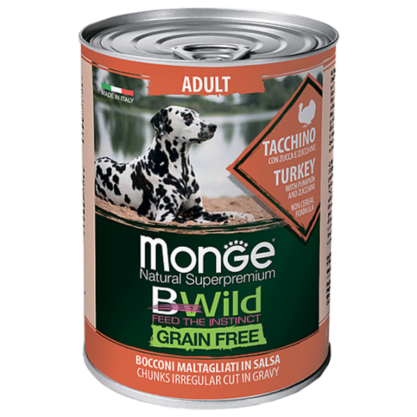 Корм для собак влажный Monge Bwild M01264 0.4 кг / Индейка, кабачок photo 1 Корм для собак влажный Monge Bwild M01264 0.4 кг / Индейка, кабачок photo 1