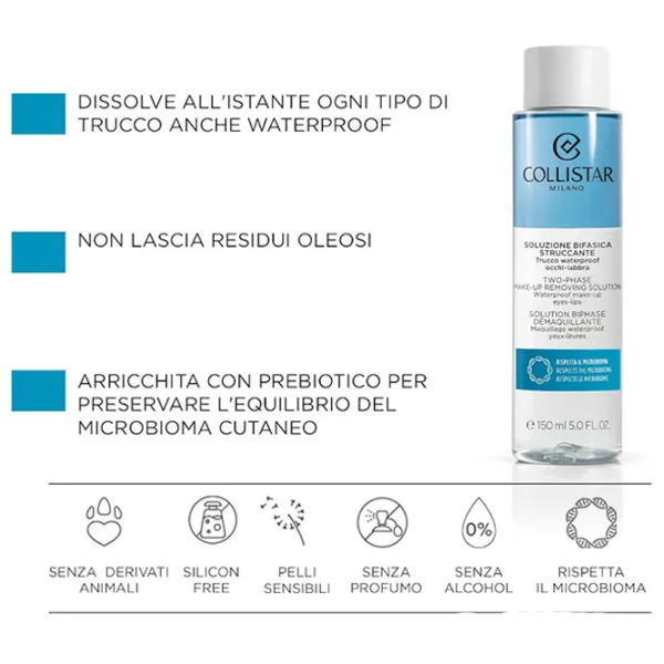 Loțiune demachiantă pentru ochi Collistar TWO-PHASE MAKE-UP REMOVING Apă micelară/ 150 ml photo 2 Loțiune demachiantă pentru ochi Collistar TWO-PHASE MAKE-UP REMOVING Apă micelară/ 150 ml photo 2
