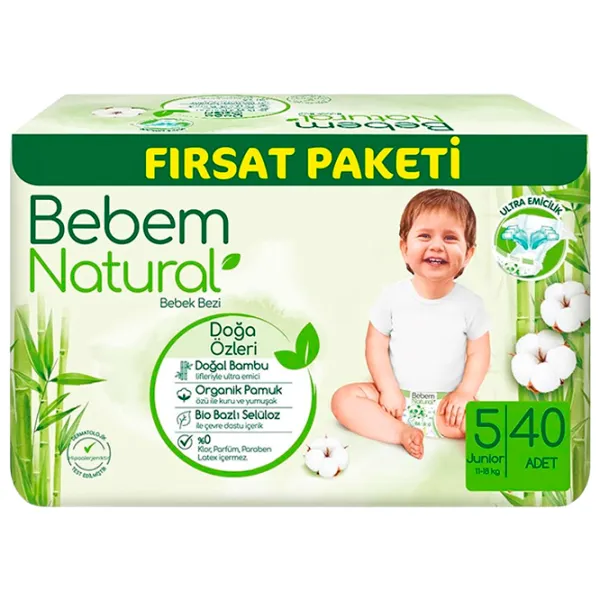 Scutece pentru copii Bebem Natural Junior 5 11 - 18 kg / 40 buc. photo 1 Scutece pentru copii Bebem Natural Junior 5 11 - 18 kg / 40 buc. photo 1