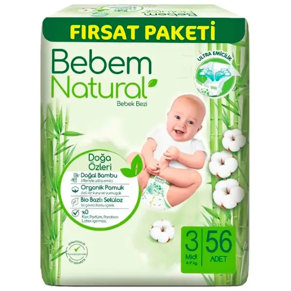 Scutece pentru copii Bebem Natural Midi 3 4 - 9 kg / 56 buc. photo 1