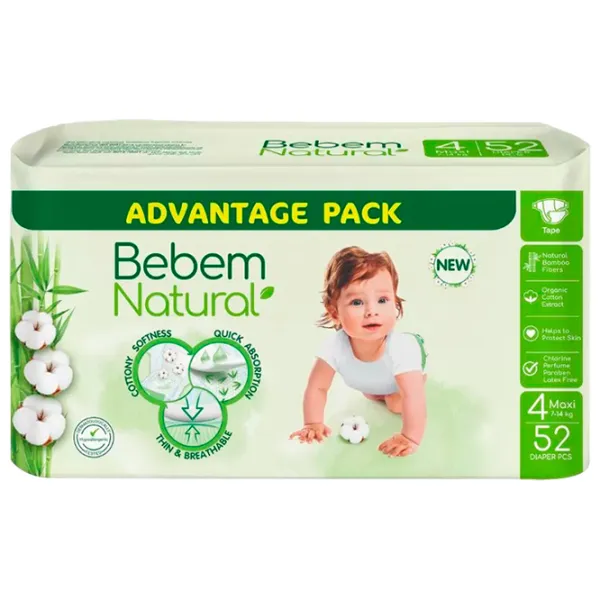 Scutece pentru copii Bebem Natural Maxi 4 7 - 14 kg / 52 buc. photo 1 Scutece pentru copii Bebem Natural Maxi 4 7 - 14 kg / 52 buc. photo 1