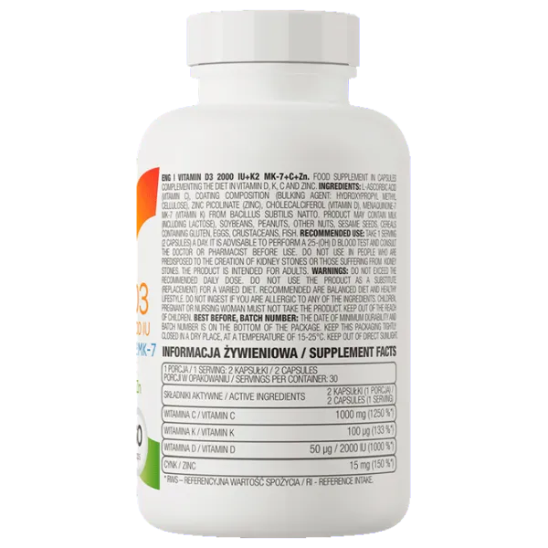Vitamine și minerale OstroVit Vitamin D3 2000+K2 MK7+VC+Zinc (5903933900407) 60 photo 3