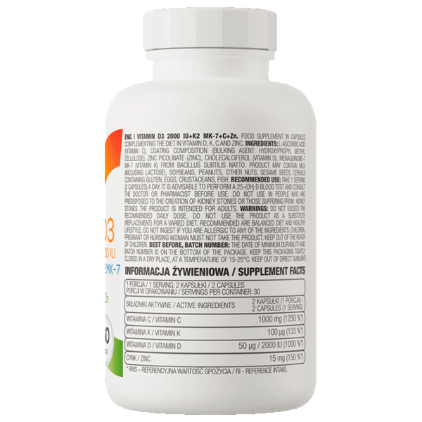 Vitamine și minerale OstroVit Vitamin D3 2000+K2 MK7+VC+Zinc (5903933900407) 60 photo 3