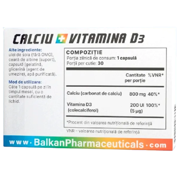 Vitamine Balkan Pharmaceuticals CALCIU + VITAMINA D3 (4840982011245) 30 capsule photo 3 Vitamine Balkan Pharmaceuticals CALCIU + VITAMINA D3 (4840982011245) 30 capsule photo 3