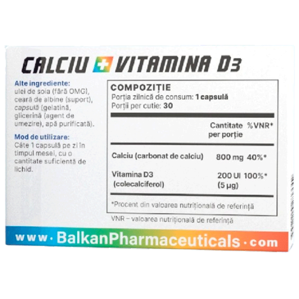 Vitamine Balkan Pharmaceuticals CALCIU + VITAMINA D3 (4840982011245) 30 capsule photo 3 Vitamine Balkan Pharmaceuticals CALCIU + VITAMINA D3 (4840982011245) 30 capsule photo 3