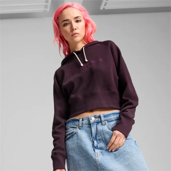 Hanorac pentru femei Puma Classics+ Relaxed Cropped Hoodie All-season / Bordo photo 2