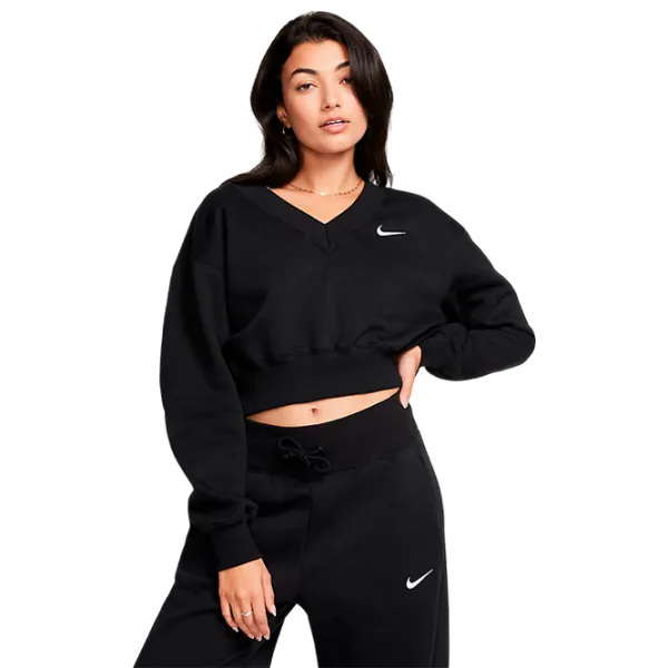 Hanorac pentru femei Nike W Nsw Phnx Flc Crop Vneck Primăvară - vară / Black photo 1