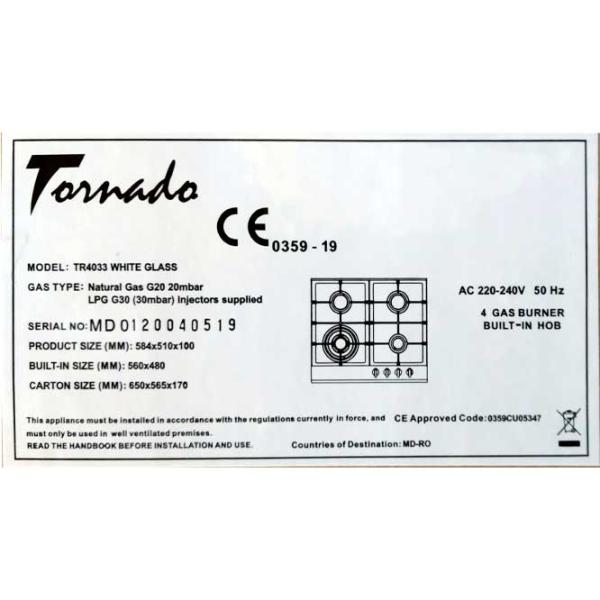 Plită încorporabilă pe gaz Tornado TR4033 Sticlă călită / White photo 5 Plită încorporabilă pe gaz Tornado TR4033 Sticlă călită / White photo 5