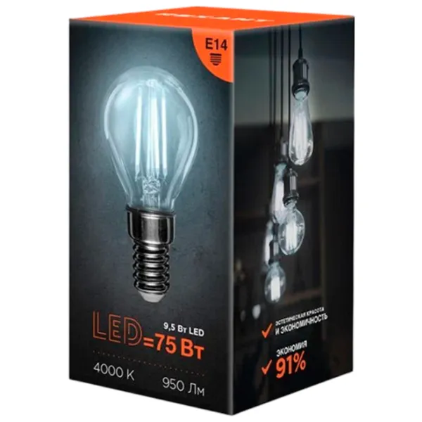 Bec LED cu filament Rexant GL45 604-130 E14 / 9.5 W / 4000 K / 950lm / White photo 2 Bec LED cu filament Rexant GL45 604-130 E14 / 9.5 W / 4000 K / 950lm / White photo 2