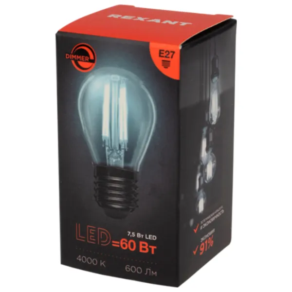 Bec LED cu filament Rexant GL45 604-128 E27 / 7.5 W / 2700 K / 600lm / White photo 2 Bec LED cu filament Rexant GL45 604-128 E27 / 7.5 W / 2700 K / 600lm / White photo 2