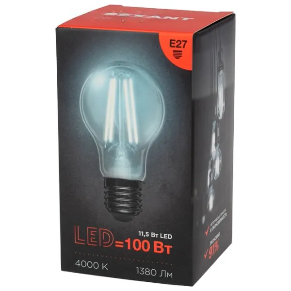 Bec LED cu filament Rexant A60 604-077 E27 / 11.5 W / 4000 K / 1380lm / White photo 3 Bec LED cu filament Rexant A60 604-077 E27 / 11.5 W / 4000 K / 1380lm / White photo 3