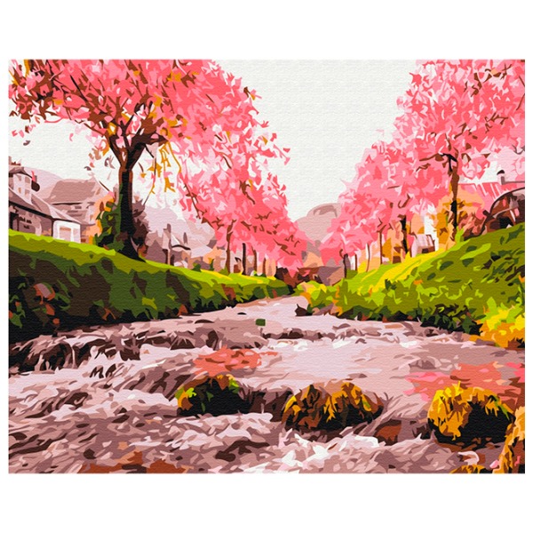 Pictură pe numere BrushMe Râu lângă copacul sakura BS25577FC 50 x 40 cm / Orizontală photo 1