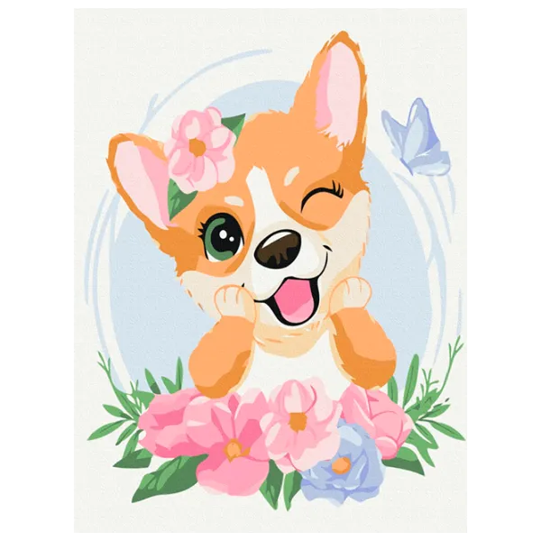 Картина по номерам BrushMe Корги в цветочках KBS7103FC 40 x 30 cm / Вертикальная photo 1