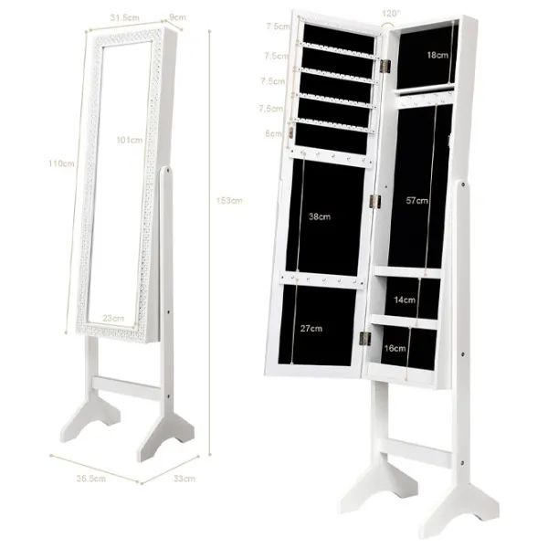 Dulap pentru bijuterii Costway JV10079WH 35.5 x 33 x 153 / MDF / White photo 6