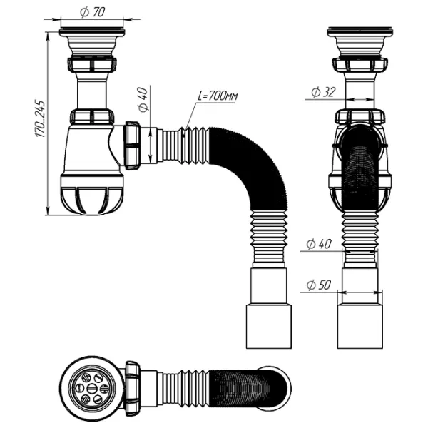 Sifon pentru lavoar Aquant S0115-35-MR 70 mm / Inox photo 2