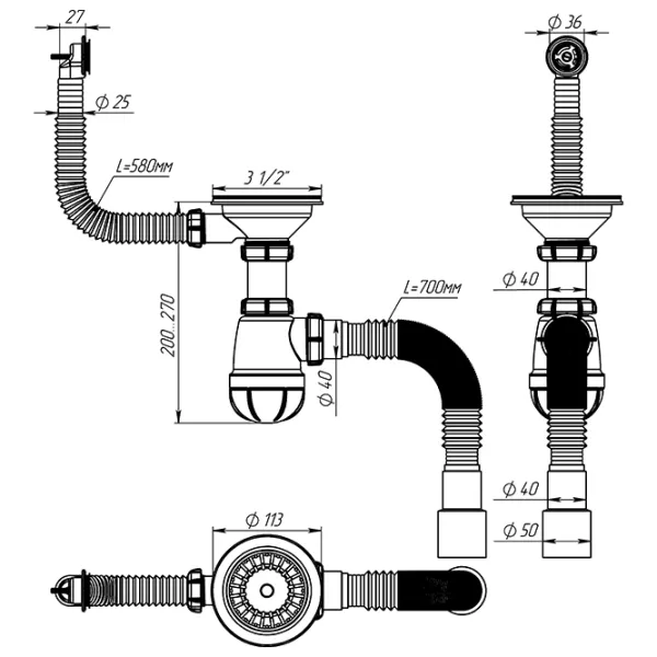 Сифон для раковины Aquant AB0139-20-MR 90 мм / нерж. сталь  photo 2