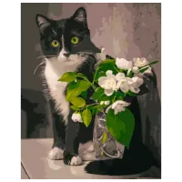 Картина по номерам Strateg Кот с цветами GS1021 50 x 40 см / Вертикальная