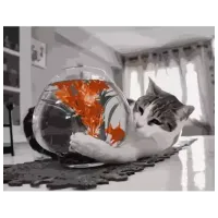 Pictură pe numere Strateg Pisica cu acvariul DY064 50 x 40 cm / Orizontală