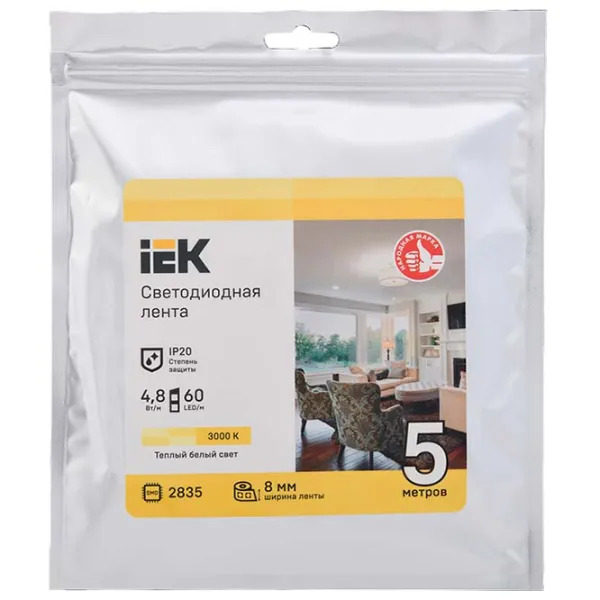 Светодиодная лента IEK LSR-2835WW60-4,8-IP20-12В 5 м / Белый photo 1 Светодиодная лента IEK LSR-2835WW60-4,8-IP20-12В 5 м / Белый photo 1