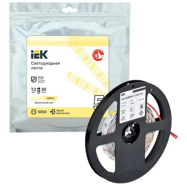 Светодиодная лента IEK LSR-5050WW30-7,2-IP20-12В 5 м / Белый photo 5 Светодиодная лента IEK LSR-5050WW30-7,2-IP20-12В 5 м / Белый photo 5