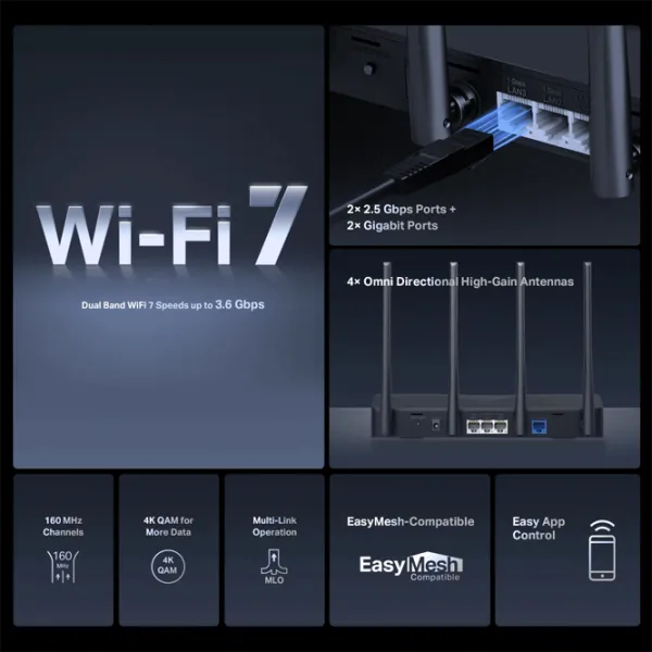 Wi-Fi Router Mercusys MR27BE 688 Mbps / 2880 Mbit/s / Black photo 3