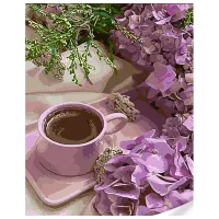 Картина по номерам Strateg Фиолетовые гортензии с кофе GS1616 50 x 40 см / Вертикальная