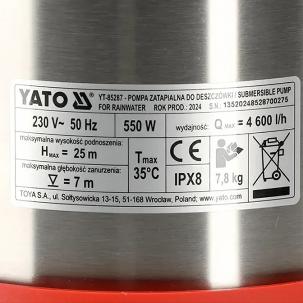 Погружной насос Yato YT85287 550 Вт 4600 л/ч photo 4 Погружной насос Yato YT85287 550 Вт 4600 л/ч photo 4