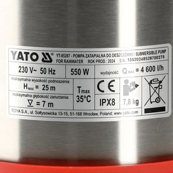 Погружной насос Yato YT85287 550 Вт 4600 л/ч photo 4 Погружной насос Yato YT85287 550 Вт 4600 л/ч photo 4
