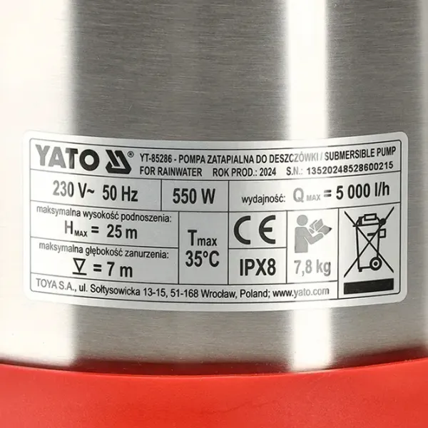 Погружной насос Yato YT85286 550 Вт 5000 л/ч photo 5 Погружной насос Yato YT85286 550 Вт 5000 л/ч photo 5